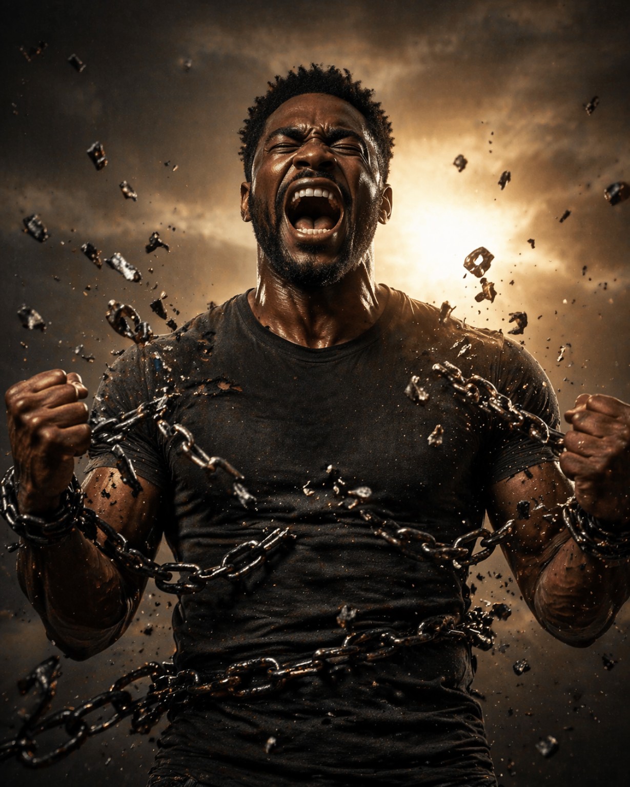 A man breaking free from chains in a powerful moment of release
