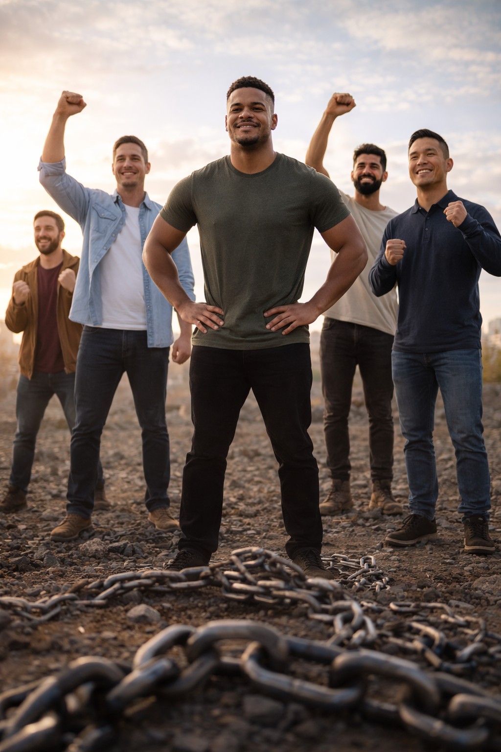 A diverse group of men standing together in encouragement after breaking free