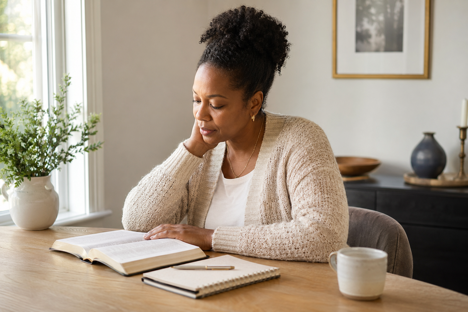 A woman reflecting beside an open Bible and journal in a peaceful home