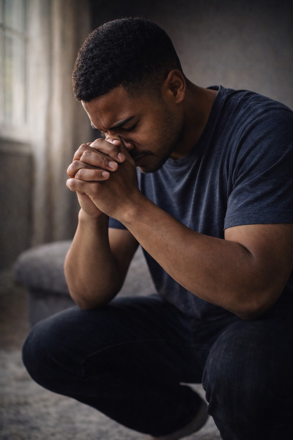 A man bowing his head in honest prayer beside a window
